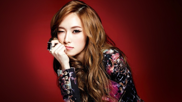 Jessica Jung, girl, wink, Girls Generation, looking at viewer, wavy hair, Asian, K, pop, long hair, redhead, hand on face