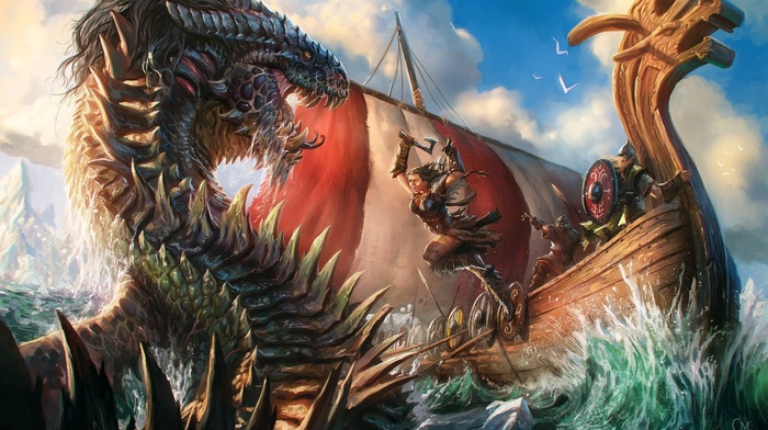 dragon, fantasy art, warrior, ship