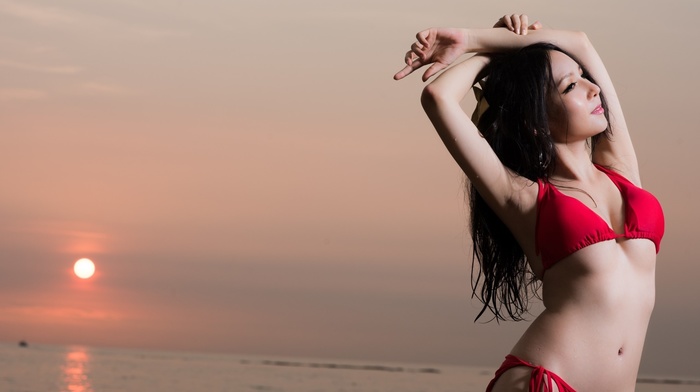 red bikinis, Sun, girl, girl outdoors, bikini, model, arms up, Asian