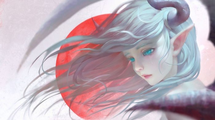 fantasy art, realistic, tears, pointed ears, blue hair, blue eyes, horns