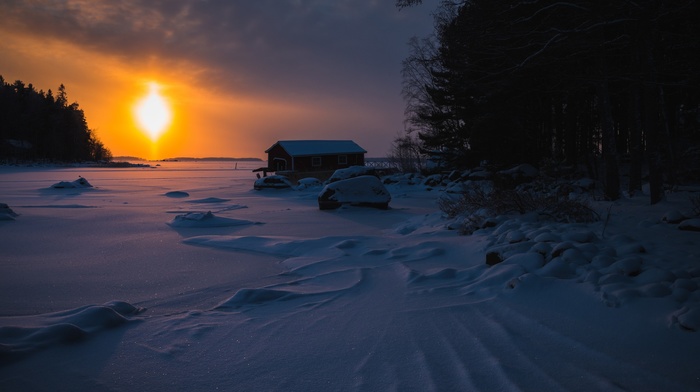 hut, snow, Sun, seasons, ice, winter, landscape