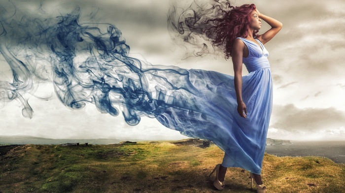 profile, dress, girl, blue dress, smoke, hands on head, photo manipulation, model