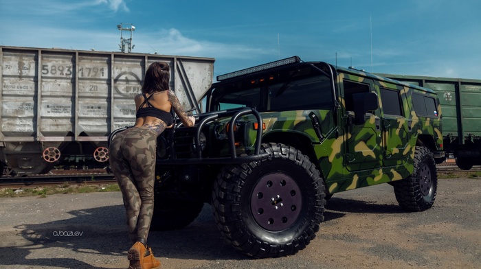 girl outdoors, girl with cars, Alex Bazilev, Katerina Kas, girl, back, pants, model, ass, camouflage, tattoo, black tops, shoes, leather leggings