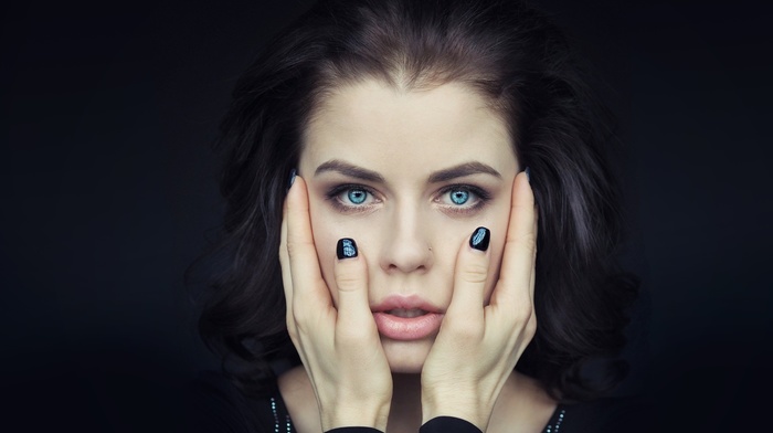 simple background, face, Elizabeth Gillies, black background, girl, pierced nose, hands, portrait, painted nails, blue eyes