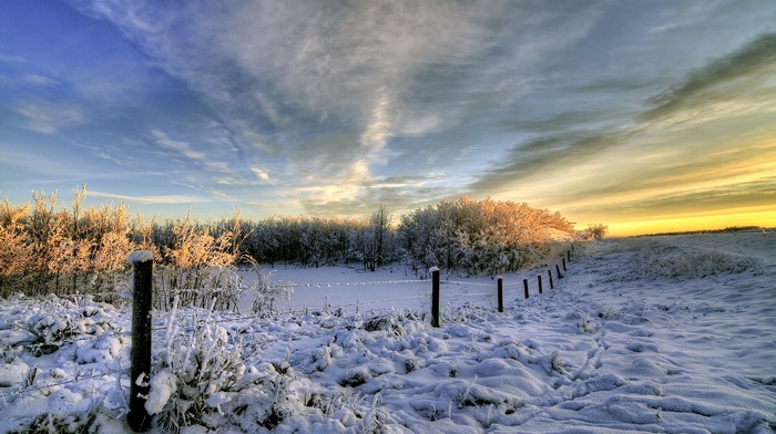 landscape, nature, clouds, winter, fence, snow