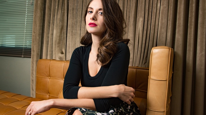 Alison Brie, girl, sitting, actress, celebrity, looking at viewer, black dress, brunette