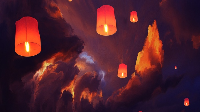 sky lanterns, artwork, lantern, clouds, floating