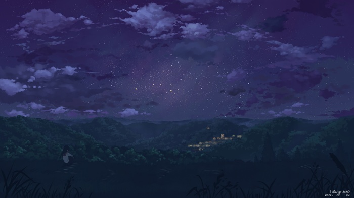 night, landscape, stars, anime