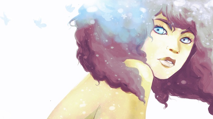 watercolor, bare shoulders, artwork, blue eyes, original characters