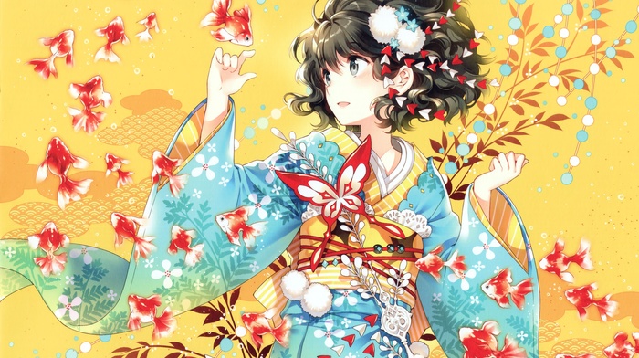 kimono, anime girls, original characters, anime, fish, Japanese clothes