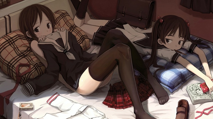 anime, bedroom, school uniform, original characters, anime girls