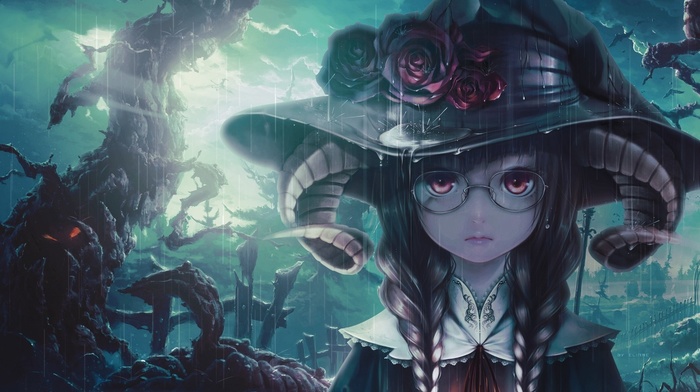 rose, glasses, horns, witch, anime girls, braids, original characters, anime