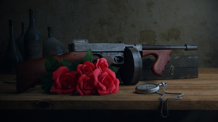 gun, machine gun, photography, old, rose, pocket watch, Thompson, bottles, history, watch, bunch of roses