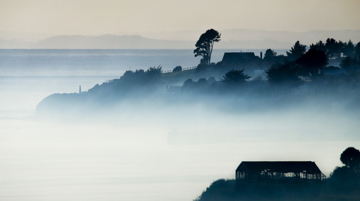 landscape, Chile, mist, nature, mountains, blue, sea, village