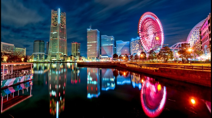 Japan, ferris wheel, reflection, skyscraper, city lights, city, Tokyo