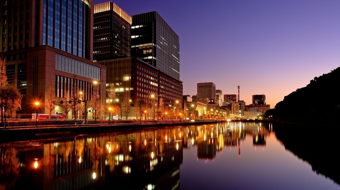 city, water, city lights, Tokyo, building, reflection
