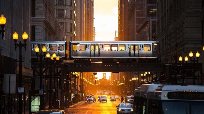 street, car, orange, train, lantern, Chicago, buses, urban, architecture, sunset, city, street light, metro, Adam Alexander, USA, time, sunlight