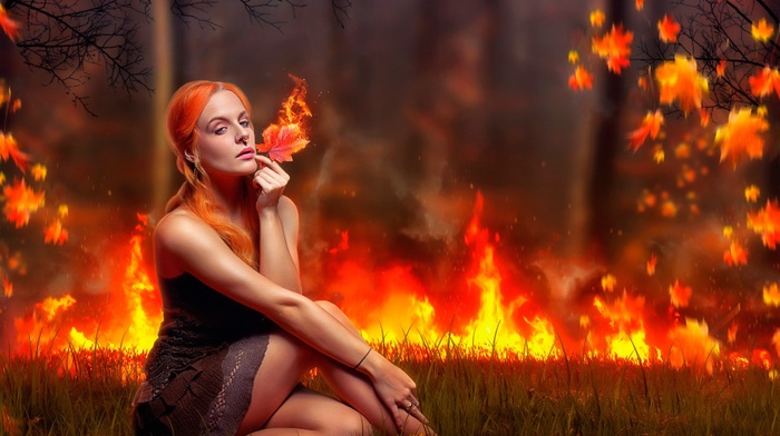 fire, nose rings, girl outdoors, model, sitting, girl, fantasy art