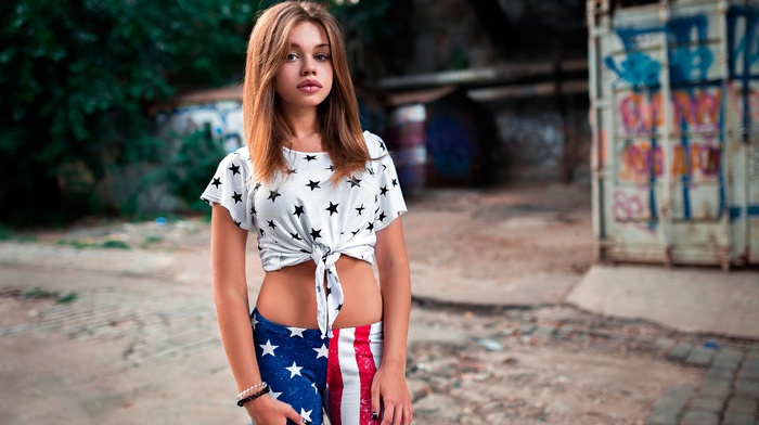 girl outdoors, Stars and Stripes, girl, model, Irina Petrenko, Novinskaya