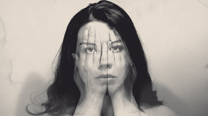 monochrome, hands, Double Exposure, girl, photo manipulation, face