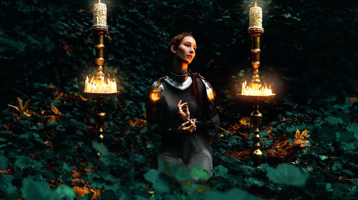 sitting, photo manipulation, fire, glowing, leaves, model, forest, candles, girl, girl outdoors