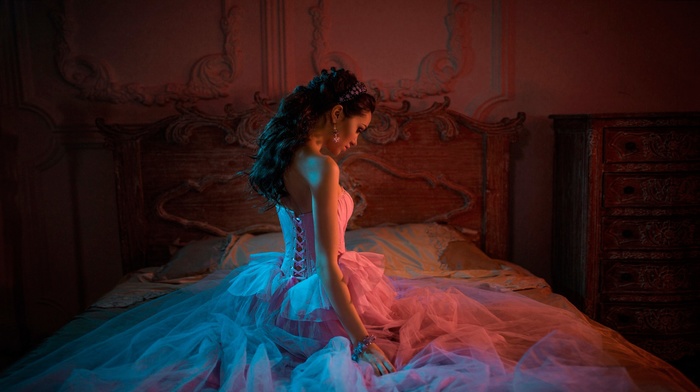 model, corset, girl, bed, dress