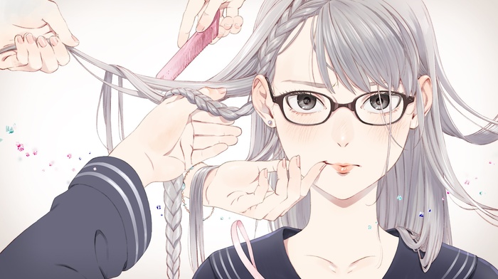 braids, anime girls, white hair, original characters, glasses, anime