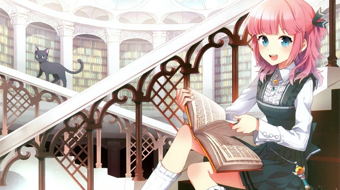cat, anime girls, books, original characters, library