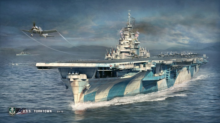 artwork, World of Warships, Grumman F6F Hellcat, aircraft carrier, video games