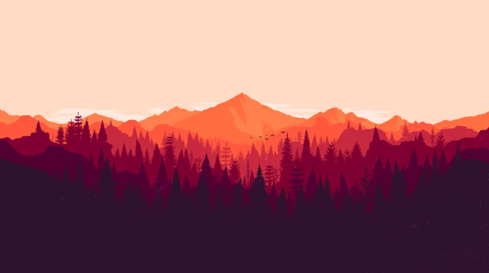red, pine trees, minimalism, firewatch, tabbetz, forest, orange