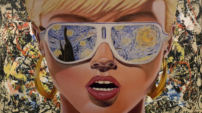sunglasses, 1980s, The Starry Night, Vincent van Gogh, digital art, blonde