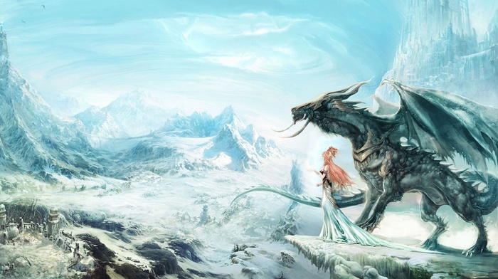 dragon, village, digital art, frozen lake, snow