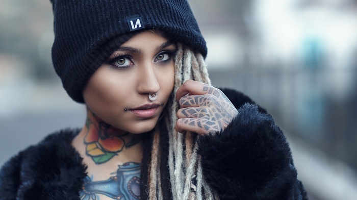 face, Fishball Suicide, tattoo, nose rings, looking at viewer, portrait, girl, hat, model