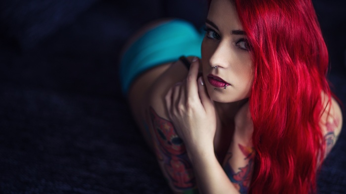 dyed hair, tattoo, piercing, girl, pierced nose, lying on front, blue eyes, ass, redhead, pierced lip, blue panties