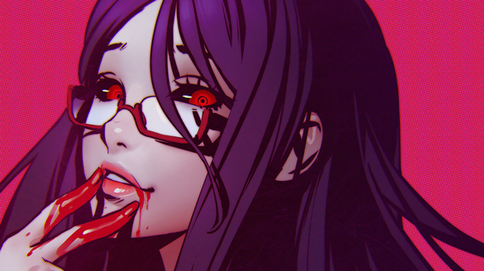 red eyes, Kamishiro Rize, glasses, drawing, blood, Tokyo Ghoul, purple hair, red glasses