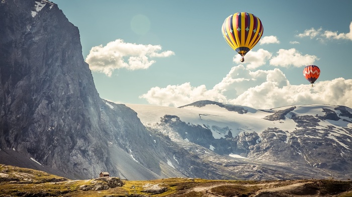 clouds, mountains, nature, landscape, black, cliff, snow, hot air balloons