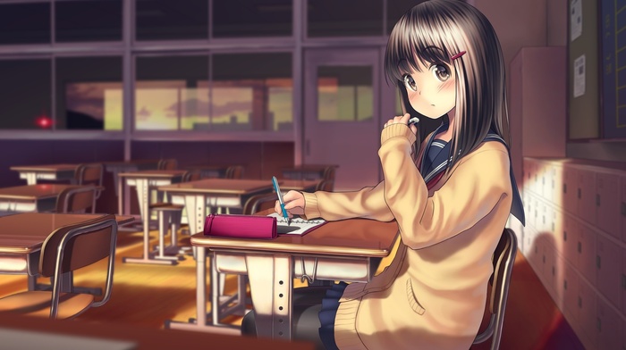 sweater, anime girls, original characters, pantyhose, classroom, anime
