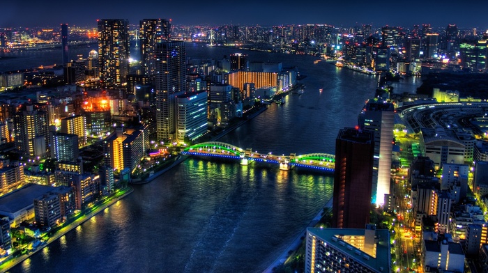 urban, city, night, cityscape, photography, building, river, Tokyo, water, bridge, Japan