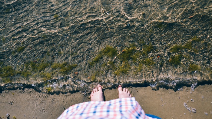 seaweed, waves, water, beach, feet