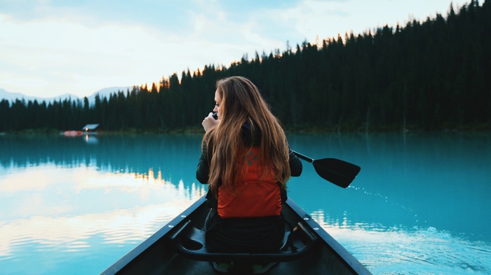 river, forest, portrait, girl, rowing, boat