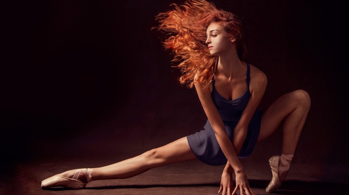 ballerina, girl, long hair, redhead, bare shoulders, blue dress, ballet slippers, stretching, wavy hair