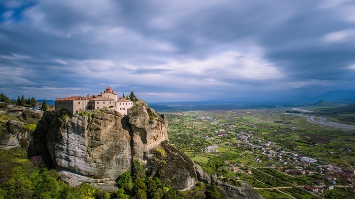 trees, architecture, field, birds eye view, house, hills, Meteora, monastery, rock, village, nature, clouds, Greece, castle