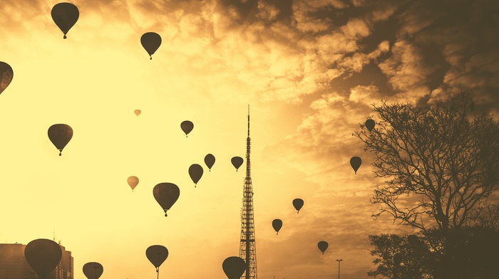 silhouette, sepia, industrial, trees, contrast, cityscape, nature, clouds, city, hot air balloons, sky
