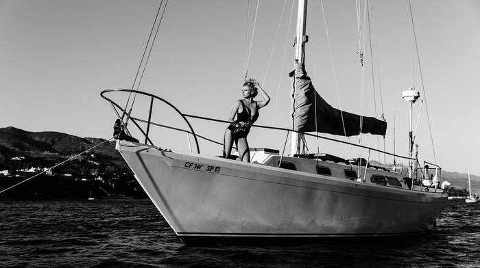 girl, monochrome, sea