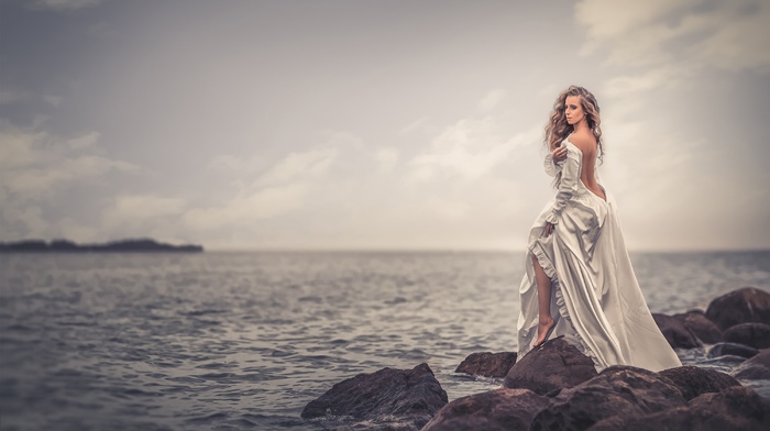 dress, model, girl, sea, rock, girl outdoors