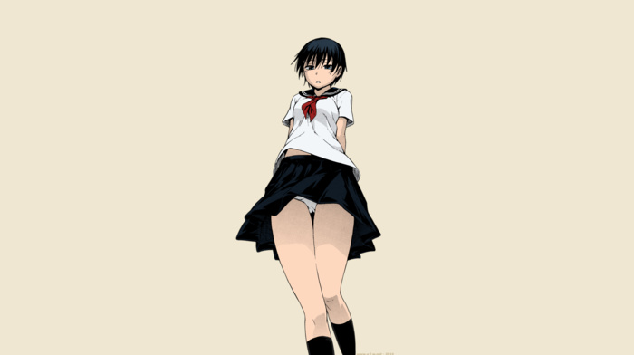 anime, manga, panties, black hair, short hair, anime girls, upskirt, short skirt, school uniform, blue eyes, Tsuruta Bungaku, schoolgirl