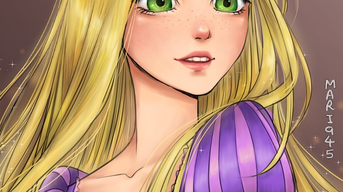 purple, fantasy art, long hair, pink, blonde, Rapunzel, dress, girl, green eyes
