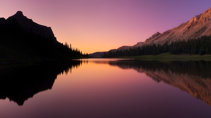 mountains, nature, sunset, trees, water, lake, landscape, photography