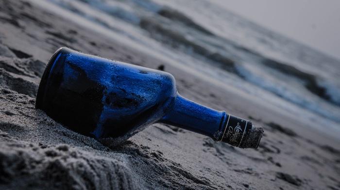 bottles, blue, beach, sand