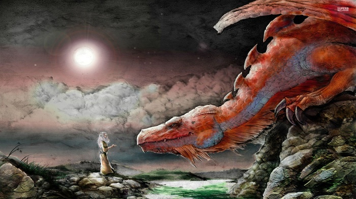 dragon, nature, night, stone, clouds, rock, digital art, fantasy art, girl, moon